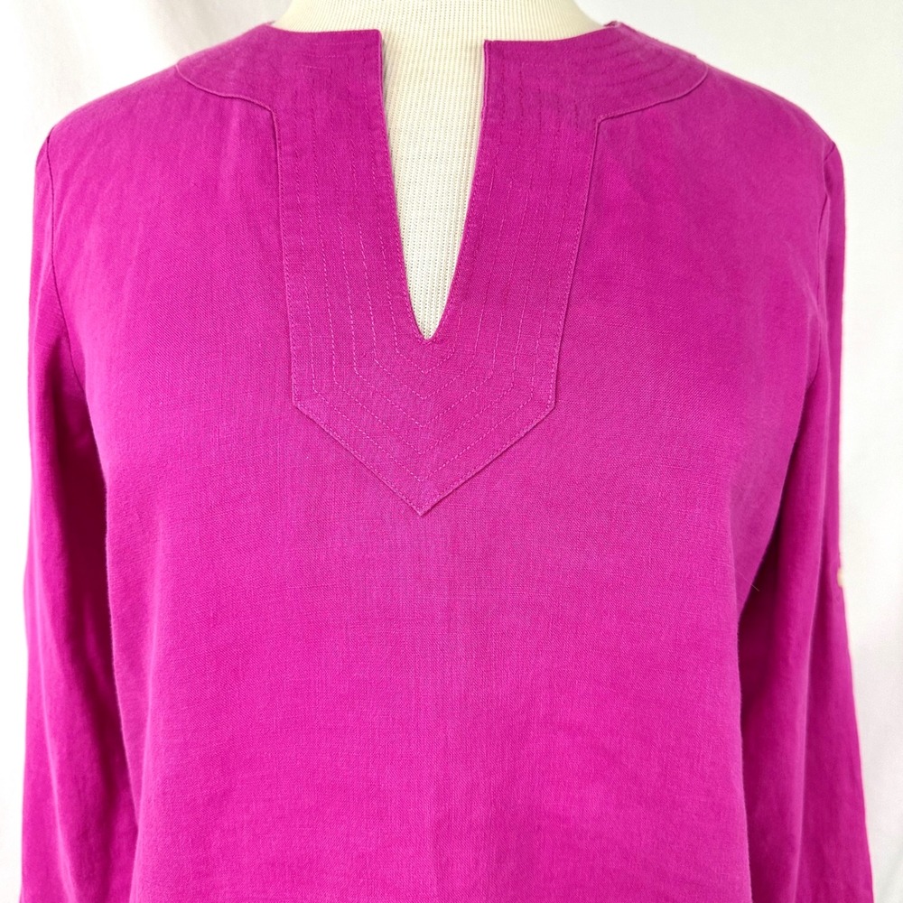 LAUREN RALPH LAUREN Fuchsia 100% Linen Roll Tab Sleeve Tunic Women's S Preppy - Picture 3 of 8